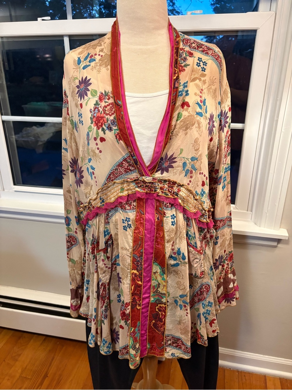 Johnny Was Boho Floral V-Neck Peasant Blouse, Size XL (EUC)